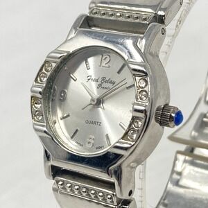Fred Belay Women Watch 25mm Silver Tone Crystals Bling Blue Crown New Battery 7"